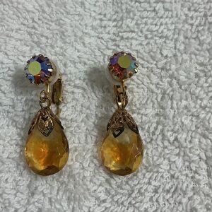 🌼Vintage 70’s🌼 Gold-Tone Amber Teardrop Dangle Earrings - Yellow Crystal